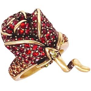 VTG Signed Heidi Daus Red Rose Crystal Gold Tone Elegant Cocktail Ring Romantic